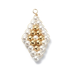 Golden Grade A Round Shell Pearl Beads Pendants, Rhombus Charms with Copper Wire Wrapped and Brass Beads, Lead Free & Cadmium Free & Nickel Free, Golden, 38x19x4mm, Hole: 3mm