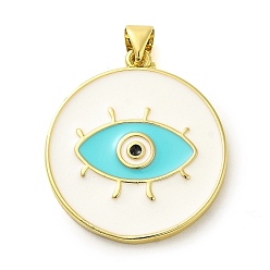 White Real 18K Gold Plated Brass Pendants, with Enamel, Flat Round with Eye Charm, White, 27.5x25x2.5mm, Hole: 5x3.5mm