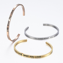 Mixed Color 304 Stainless Steel Cuff Bangles, with Enamel & Word Live What You Love, Mixed Color, 2-1/2 inchx2 inch(62x52mm)