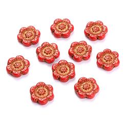 Red Czech Glass Beads, Flower, Red, 14x14mm, Hole: 0.8~1mm