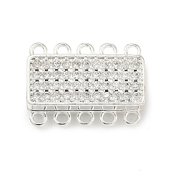Серебро Магнитные застежки-защелки с микропаве из прозрачного кубического циркония из латуни, 5 нитей, 10-луночное, прямоугольные, серебряные, 14x20x6 мм, отверстие : 1.5 мм