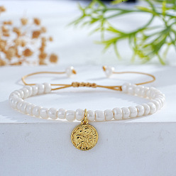 Плоский Круглый Религиозные 304 браслеты из нержавеющей стали с подвесками, Регулируемые пластиковые браслеты из жемчужных бусин, плетеные из бусин, для женщин, золотые, плоская круглая фигурка с изображением католического святого, 8.19 дюйм (20.8 см)