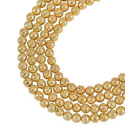 Golden Plated ARRICRAFT Electroplated Natural Lava Rock Bead Strands, Round, Bumpy, Golden Plated, 8~8.5mm, Hole: 1mm, about 47pcs/strand, 15.35 inch(39cm), 4strand/box