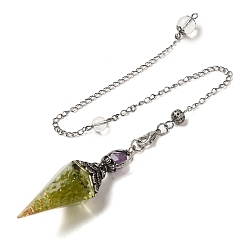 Olive Jade Смоляной пуля биолокационный маятник большие подвески, с натуральным оливковым нефритом внутри и фурнитурой из сплава цвета старинного серебра, без свинца и без кадмия, 325 мм, отверстие : 1.6 мм