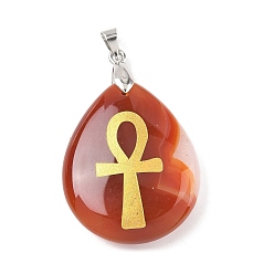 Red Agate Подвески-кресты анкхи из натурального красного агата (окрашенного и нагретого) с гравировкой, подвески-слезинки с латунными скобами для крепления на стойке, без кадмия и без свинца, платина, 31x25x5~7 мм, отверстие : 4.5x4 мм