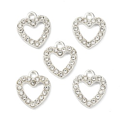 Silver Alloy Rhinestone Charms, Heart, Silver Color Plated, 14x12.5x2.5mm, Hole: 2mm