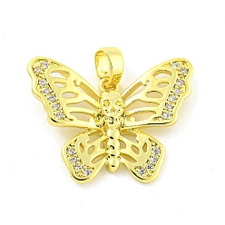 Butterfly Brass Micro Pave Clear Cubic Zirconia Pendants, Real 18K Gold Plated, Butterfly, 17.5x23x4mm, Hole: 5x3mm