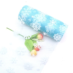 Light Sky Blue 10 Yards Christmas Polyester Deco Mesh Ribbon, Printed Snowflake Tulle Fabric, for Bowknot Making, Light Sky Blue, 150mm