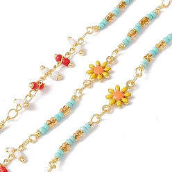 Colorful Handmade Eco-friendly Brass Enamel Flower Link Chain, with Glass Seed Beaded, Real 18K Gold Plated, Lead Free & Cadmium Free, Soldered, with Spool, Colorful, 13x7x2.5mm, 21.5x2.5mm