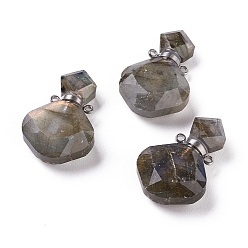 Labradorite Rhombus Natural Labradorite Perfume Bottle Pendants, with 304 Stainless Steel Findings, Faceted, Stainless Steel Color, 26~27x17~17.5x8~8.5mm, Hole: 1.4mm, Capacity: about 2ml(0.06 fl. oz)