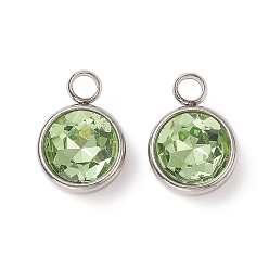 Light Green Glass Charms, May Birthstone Charms, Faceted, with 304 Stainless Steel Findings, Flat Round, Light Green, 14x10x6.5mm, Hole: 2.5mm