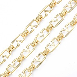 Real 18K Gold Plated Letter V Brass & Iron Oval Link Chains, with Spool, Cadmium Free & Nickel Free & Lead Free, Unwelded, Real 18K Gold Plated, 21x10x2.5mm, about 32.81 Feet(10m)/Roll