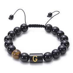 G Natural Black Agate Beaded Bracelet Adjustable Women's Handmade Alphabet Stone Strand Jewelry