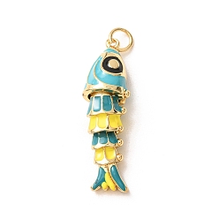 Dark Turquoise Brass with Enamel Pendants, Fish Charms, Rack Plating, Long-Lasting Plated, Lead Free & Cadmium Free, Real 18K Gold Plated, Dark Turquoise, 39.5x11.5x9.5mm, Hole: 4mm