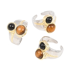 Платиновый & Золотой Натуральный черный агат и натуральный тигровый глаз в открытых кольцах из латуни., платиной и золотом, 17 мм, внутренний диаметр: 18 мм