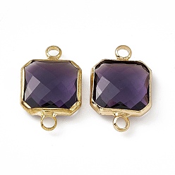 Purple Velvet Transparent K9 Glass Connector Charms, with Light Gold Plated Brass Findings, Faceted, Square Links, Purple Velvet, 19.5x12.5x4.5mm, Hole: 2.2mm