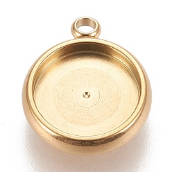 Golden Ion Plating(IP) 304 Stainless Steel Pendant Cabochon Settings, Lace Edge Bezel Cups, Flat Round, Golden, Tray: 10mm, 15x12.5x3mm, Hole: 1.8mm