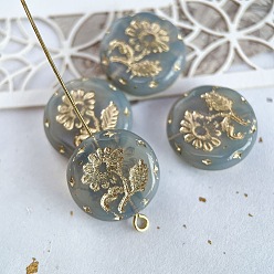 Cadet Blue Czech Glass Beads, Flat Round with Flower of Life, Cadet Blue, 18mm