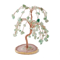 Green Aventurine Natural Green Aventurine Chips and Natural Agate Pedestal Display Decorations, with Rose Gold Plated Brass Wires, Lucky Tree, 54~72x89~112x107~112mm