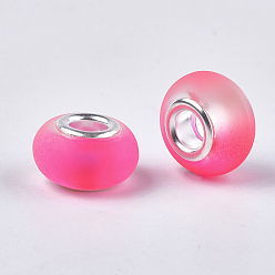 Deep Pink Resin European Beads, Large Hole Beads, with Silver Color Plated Brass Cores, Rubberized Style, Rondelle, Deep Pink, 14x8mm, Hole: 5mm