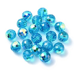 Deep Sky Blue AB Color Plated Glass Beads, Faceted Round, Deep Sky Blue, 10x9mm, Hole: 1.5mm