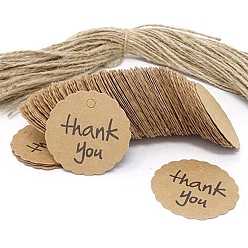 Wheat 50Pcs Round Paper Thank You Hanging Gift Tags, with Hemp Cord, for Party Gift Packaging, Wheat, 4cm, 50pcs/bag
