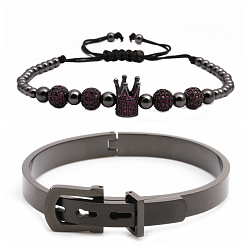 Snatch the Black Rose Zircon Crown Set. Stainless Steel Bracelet with Crown Charm and Adjustable Braided Bead Chain Set