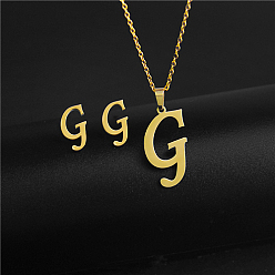 Letter G Golden Stainless Steel Initial Letter Jewelry Set, Stud Earrings & Pendant Necklaces, Letter G, No Size