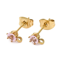 Розовый Ионное покрытие (ip) 304 фурнитура для сережек-гвоздиков из нержавеющей стали с кубическим цирконием, круглые, светло-розовый, 6x4 мм, отверстие : 1.4 мм, штифты : 15.5x0.7 мм