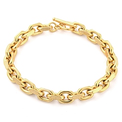 Real 18K Gold Plated Ion Plating(IP) 304 Stainless Steel Cable Chain Bracelets, with Toggle Clasps, Real 18K Gold Plated, 8-5/8 inch(22cm), 9x3mm