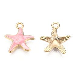 Pink Alloy Pendants, with Enamel, Starfish, Light Gold, Pink, 20x18x3mm, Hole: 2.5mm