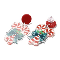 Candy Cane Christmas Acrylic Dangle Stud Earrings with 304 Stainless Steel Pin for Women, Candy Cane, 54x28mm