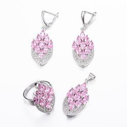 Violet Brass Micro Pave Cubic Zirconia Jewelry Sets, Pendants & Hoop Earrings & Finger Rings, Marquise/Horse Eye, Platinum, Violet, Size 8(18mm), 38.5x17x5.5mm, Hole: 5.5x4mm, 49x17x5.5mm, Pin: 1mm