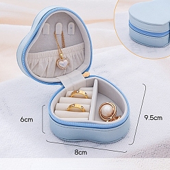 Light Sky Blue Heart PU Leather Jewelry Box, Travel Portable Jewelry Case, Zipper Storage Boxes, for Necklaces, Rings, Earrings and Pendants, Light Sky Blue, 9.5x8.5x5.5cm
