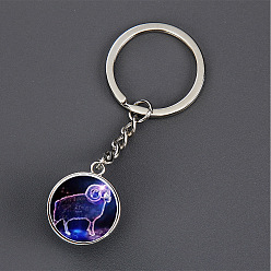 Aries Luminous Glass Pendant Keychain, with Alloy Key Rings, Glow In The Dark, Round with Constellation, Aries, 8.1cm