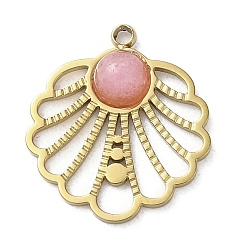 Розовый Кварц Вакуумное покрытие pvd 316 подвески из нержавеющей стали, с натуральным розовым кварцем, цветок, реальный 18 k позолоченный, 16.5x15x3 мм, отверстие : 1.5 мм