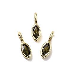 Темно-оливково-зеленый Подвески из латуни с микропаве из кубических цирконий в форме конского глаза, стойки покрытие, долговечный, без кадмия и без свинца, золотые, темно-оливковый зеленый, 12x4x3.5 мм, отверстие : 3x2 мм