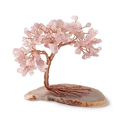 Rose Quartz Natural Rose Quartz Tree Display Decoration, Agate Slice Base Feng Shui Ornament for Wealth, Luck, Rose Gold Brass Wires Wrapped, 42~50x74~79x83~86mm
