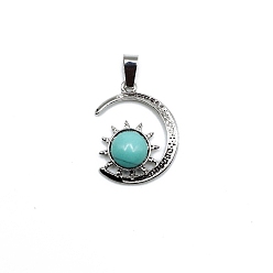 Synthetic Turquoise Synthetic Turquoise Dyed Pendants, Antique Silver Plated Alloy Moon with Sun Charms, 28x22mm