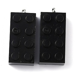 Black Opaque Acrylic Pendants, with Platinum Iron Loop, Long Rectangle Building Block Charms, Black, 36x16x11.5mm, Hole: 1.5mm