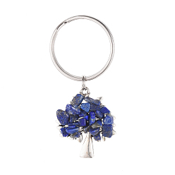 Lapis Lazuli Chip Natural Lapis Lazuli Keychain, with Antique Silver Plated Alloy Pendants and 316 Surgical Stainless Steel Split Key Rings, Tree, 55mm