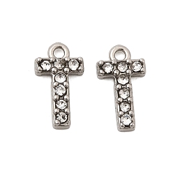 Letter T Буква 304 подвески из нержавеющей стали со стразами, цвет нержавеющей стали, Письмо T, 10x5x2 мм, отверстие : 1 мм
