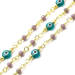 Real 18K Gold Plated Handmade Evil Eye Glass Link Chains, with Brass Links, Soldered, with Spool, Flat Round & Round, Cadmium Free & Lead Free, Real 18K Gold Plated, Flat Round: 6x4mm, Round: 3.5x3mm