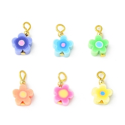 Golden Handmade Polymer Clay Pendants, with Iron Findings, Flower Charm, Golden, 16x9.5x4mm, Hole: 2~3mm, 6 colors, 1pc/colors, 6pcs/set