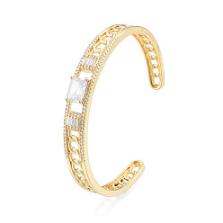Clear Cubic Zirconia Rectangle Open Cuff Bangle, Golden Brass Jewelry for Women, Nickel Free, Clear, Inner Diameter: 2-1/8 inch(5.4cm)