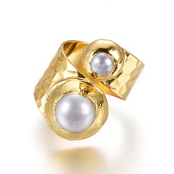 Golden Adjustable Pearl Cuff Finger Rings, with Brass Findings, Golden, 18.5~20mm