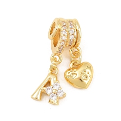 Letter A Латунные микропаве прозрачные подвески с фианитом, сердце прелести, долговечный, стойки покрытие, без кадмия и без свинца, реальный 18 k позолоченный, буква a, 23.5 мм, отверстия : 3 mm и 4 мм, Сердце: 8.5x8x3.5 mm, Письмо: 10x9x3.5 мм