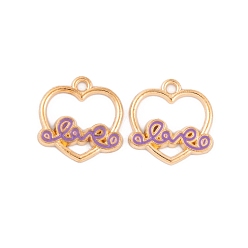 Средний Фиолетовый Подвески из эмалевого сплава с покрытием из легкого золота, без кадмия и без свинца, сердце со словом любовь прелести, средне фиолетовый, 16x15.5x1.5 мм, отверстие : 2 мм