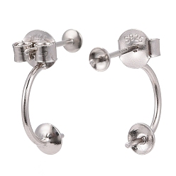 Platinum Rhodium Plated 925 Sterling Silver Stud Earring Findings, with Cup Pearl Bail Pin, for Half-drill Beads, Platinum, 15x6x9mm, Pin: 0.6mm