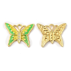 Lime Real 18K Gold Plated 304 Stainless Steel Rhinestone Pendants, with Enamel, Butterfly Charms, Lime, 20x24.5x2mm, Hole: 3x2mm